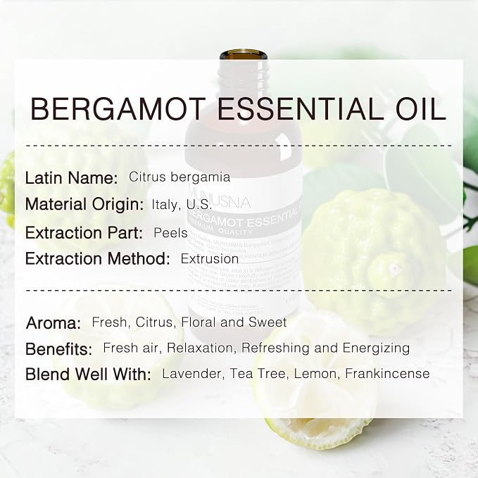 Bergamot Essential Oil 100ML, 100% Pure Natural Bergamot Oil Premium Grade Aromatherapy Oil for Hair Face Skin Body Care, Diffuser, Massage, Home, Soap and Candle Making