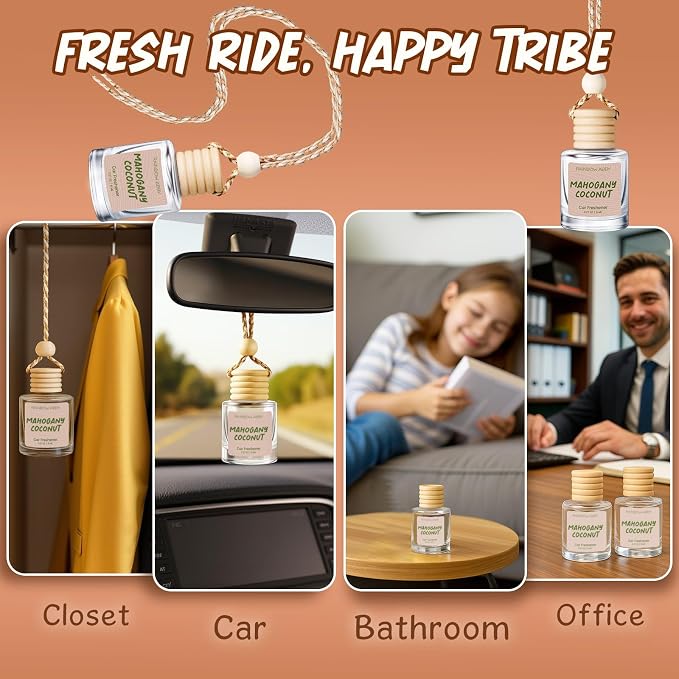 RAINBOW ABBY Hanging Car Air Freshener Diffuser 2 Pack - Mahogany Coconut Fragrance Oil, 45+ Days Long Lasting, Essential Oil Diffuser for Car
