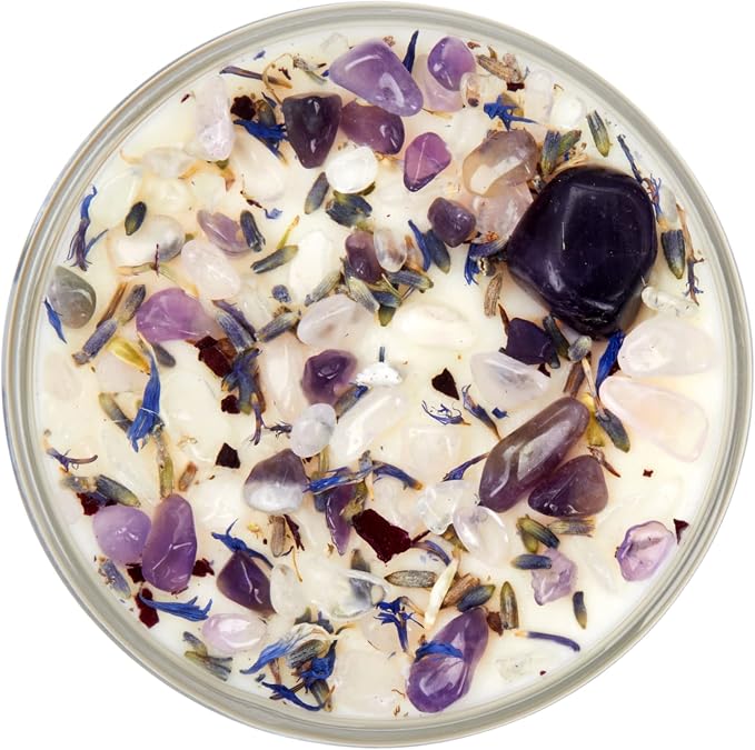 Stress Relief Candle by New Moon Beginnings - Lavender Scented Candle - Dried Flower & Crystal Candles - All Natural Essential Oil Soy Candle (12 Ounce Round Glass)