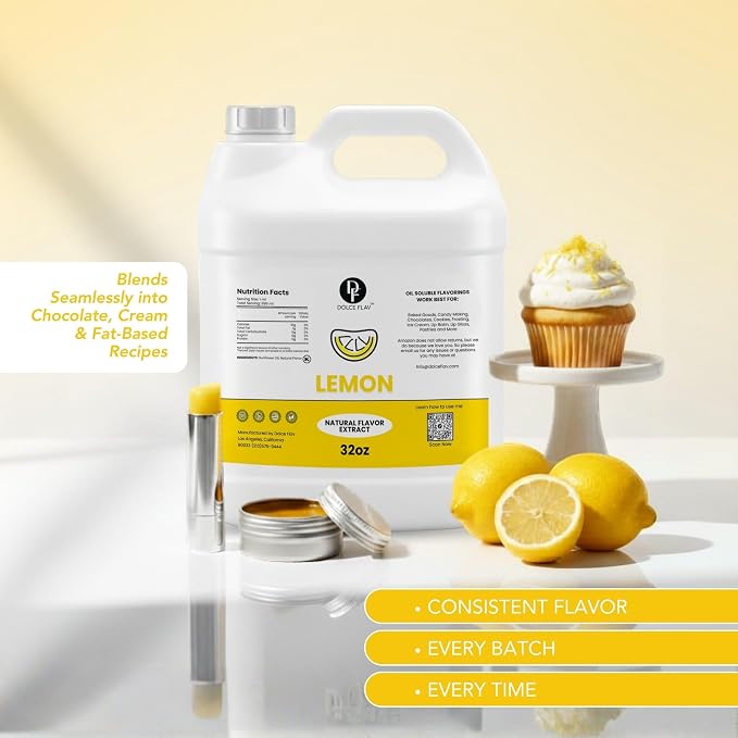 Dolce Flav Lemon Flavoring Oil 32 oz – Bulk Citrus Extract for Chocolate Manufacturing, Bakery & Foodservice