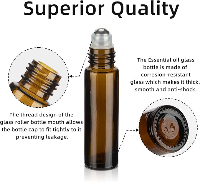 10ML Essential Oil Roller Bottles, 6 Pack Amber Oil Roller Bottles for Essential Oils, Roll on Bottle with Stainless Steel Balls(6 Labels, Opener, Funnel, Dropper Included)