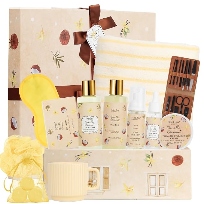 33Pcs Coconut Vanilla Spa Bath Gift Basket for Women & Men, Skin Care Set | Large Bath & Body Set, Self Care Pamper Kit, BODY WASH GIFT, Birthday, Christmas, Valentines, Mother Day, Anniversary