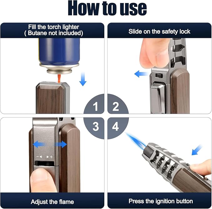 2 Packs Butane Torch Lighter, Windproof Kitchen Cooking Torch with Safety Lock & Adjustable Jet Flame, Refillable Bright Fire Blow Torch for Cooking, BBQ, Baking, Candle, Camping (Butane Not Included)