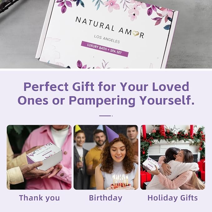 Natural Amor Bath & Spa Gift Set for Women – Floral Relaxation Self Care Box with Headband, Rose Candle, Heart Bath Bomb, Hand Cream, Pink Salt – Birthday, Valentine’s Day Gift