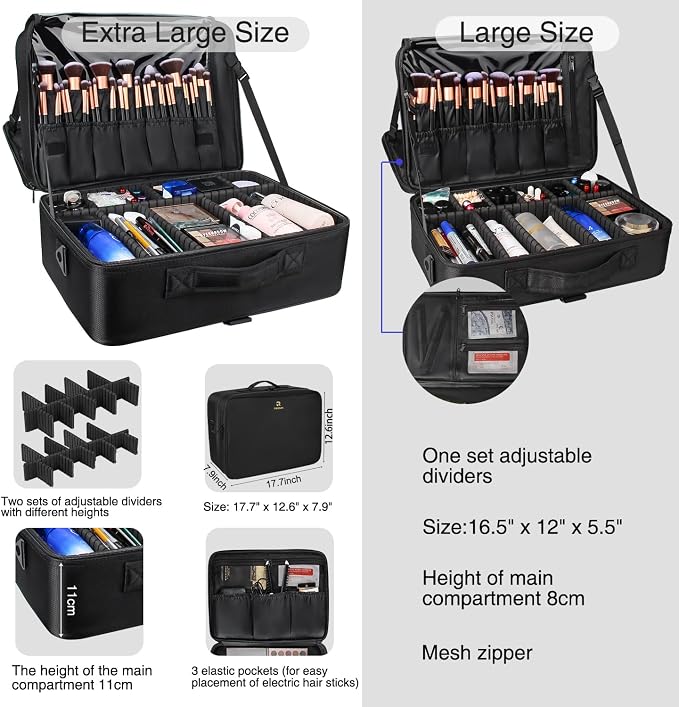Relavel Extra Large Makeup Case, Makeup Artist Set Bag Professional Cosmetic Organizer Bag Storage Box with Makeup Brush Holder, Adjustable Dividers and Shoulder Strap, Black