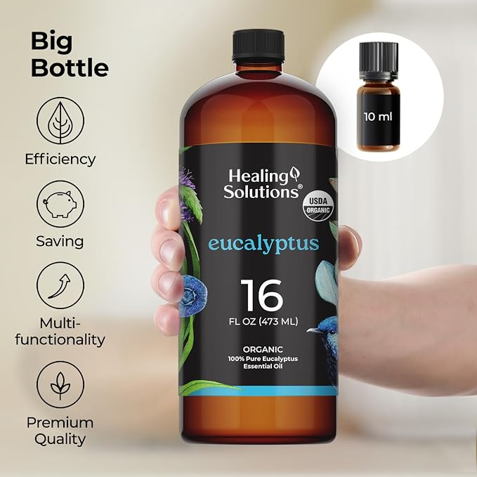 Healing Solutions Organic Eucalyptus Essential Oil 16 Fl Oz – Pure Eucalyptus Oil for Diffusers, Sprays, and Candle Making