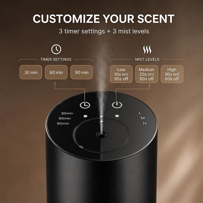 Oxdigi Waterless Essential Oil Diffuser, Portable Scent Air Machine with Timer & 3 Mist Modes for Home, Car, Office, Bedroom and Hotel, Black