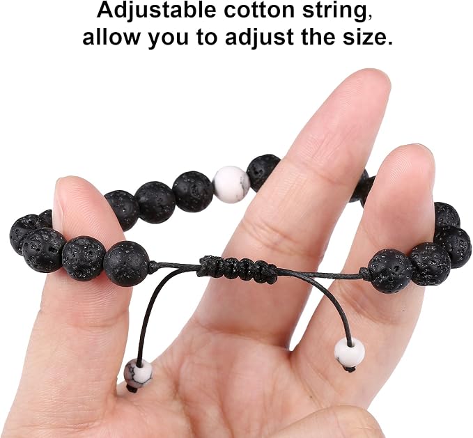 BBTO 4 Pcs Couples Bracelets Long Distance Matching Bracelets 8mm Howlite Beads Black Matte Agate for Couples Gift Religion Charm Friendship BFF Jewelry