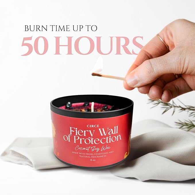 Circe Spell Candle “Fiery Wall of Protection” Coconut Soy Wax Candle Jar– Premium Hand Poured & Long Burning– Herbs, Crystal & Natural Fragrance Oils- Repel Negativity & Shield Aura - Gift - 8oz