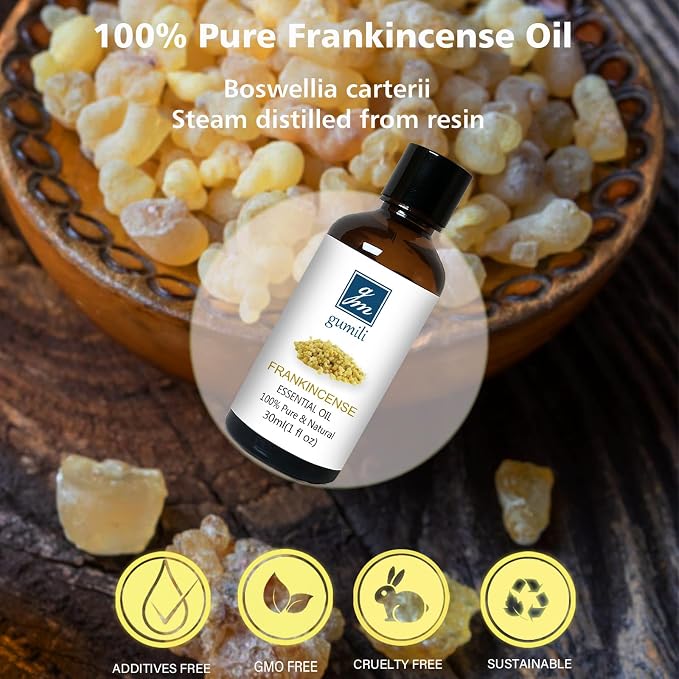 GM Gumili Frankincense Essential Oil 1 Oz, 100% Pure Frankincense Qil for Aromatherapy Diffuser, Skin, Face, Roll On, DIY Balm