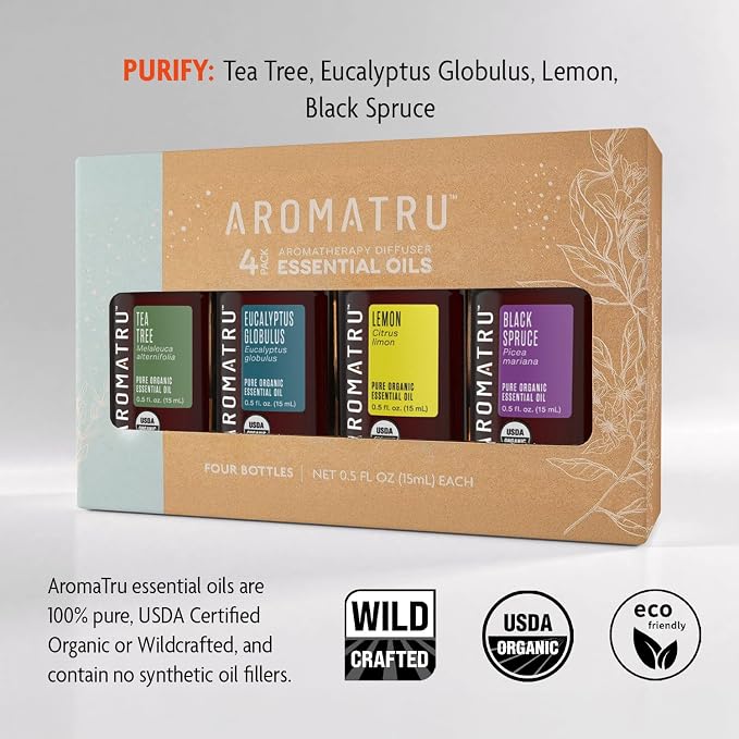 AromaTru Purify Essential Oil Kit – Tea Tree, Eucalyptus Globulus, Lemon, and Black Spruce – Organic & Wildcrafted – ISO Certified – No Synthetic Fillers – Ethically Sourced