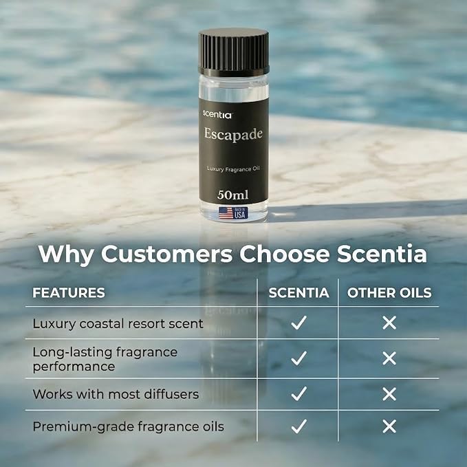 Scentia Escapade Hotel Scent Diffuser Oil – Luxury Fragrance Inspired by 5-Star Resort – 50 mL – Jasmine, Bergamot & Marine Essential Oil Blend for Home, Office & Aromatherapy Diffusers, Made in USA