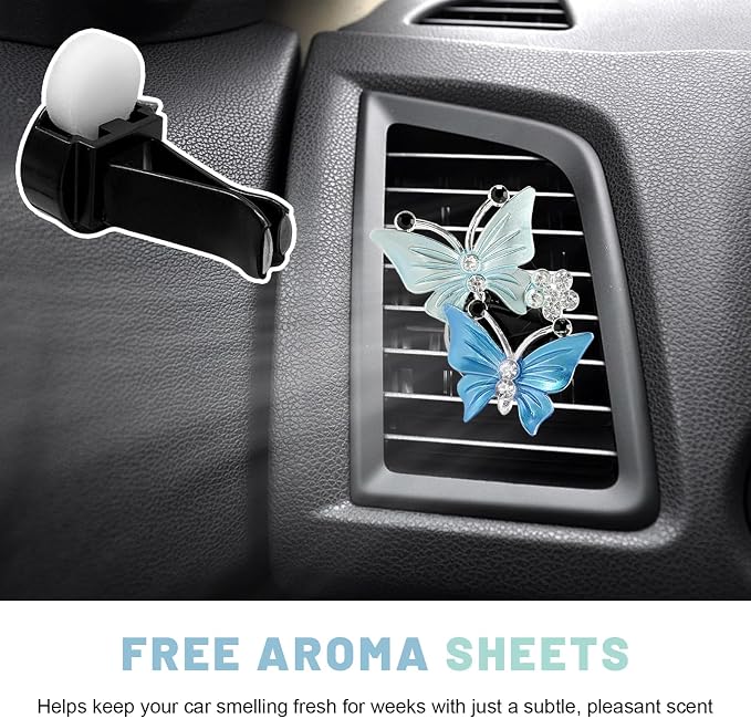 2 PCS Dual Butterfly Diamond Car Air Fresheners, Bling Butterflies Air Conditioning Outlet Clip Fragrance Diffuser, Cute Rhinestone Butterfly Vent Clips for Most Vehicles (Blue)
