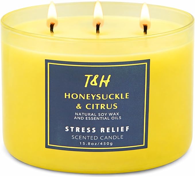 Honeysuckle Citrus Scented Soy Candle | Large 3-Wick Candle for Home, 15.8 oz | Fresh Floral Citrus Candle | Summer Candles for Women & Men | Thank You & Hostess Gifts for Women