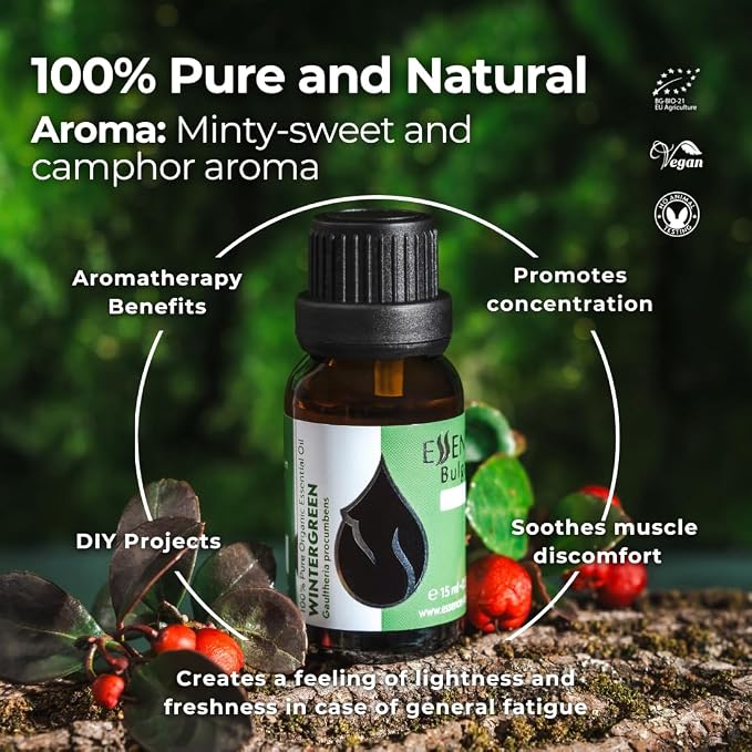 Essences Bulgaria Organic Wintergreen Essential Oil 0.51 Fl Oz | 15ml | Gaultheria procumbens | 100% Pure | Natural | Undiluted | Therapeutic Grade | Aromatherapy | Cosmetics | Cruelty Free | Vegan