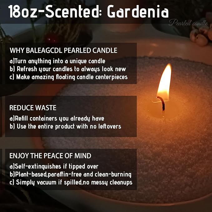 Pearled Candle 18oz(1.1lb) with 30 Cotton Wicks - Gardenia Tranquility Scented Powder Wax Refillable Candles Burns up to 120 Hours Non Toxic for Candle Making Wedding Decorations