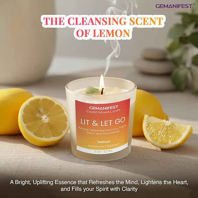 Lit and Let Go Manifestation Candle Lemon Scented Soy Crystal Candles with Amazonite Bracelet Letting Go New Beginnings Gifts Grief Divorce Gifts for Men Women