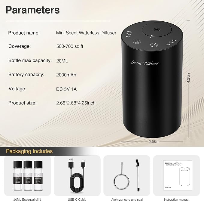 Waterless Essential Oil Diffuser Starter Kit - No Water Needed, Battery Operated Mini Scent Air Machine, Included 3x20ML Essential Oils, Portable Aromatherapy Diffuser for Home & Car, Black, 2Pack