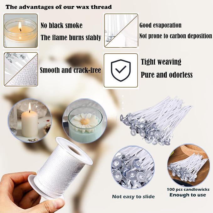 119PCS Candle Making Kit Mold Punch Needle with Hook Eye,Candle Wick Inserting Tool for Molds Long Wick Needle for Candle Making,Candle Wick Roll 200 Ft 24 Wick Spool,100 Piece 6" Natural Candlewick