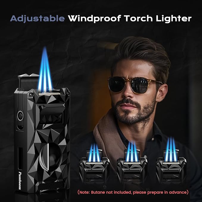 5-in-1 Windproof Lighter with Punch, Draw Enhancer, Holder, Triple Jet Flames and Tool, Butane Torch Lighter, Versatile Accessories for Travel, Candle, Lighter Gifts for Men (Without Butane)