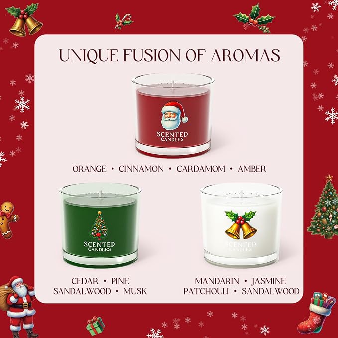 CHILLFLAME Christmas Candles, Scented Candles Gift Set for Stress Relief, 3 Votive Candles for Women and Men, Christmas Candle Gifts for Women (Red + Green + White, 7 oz)