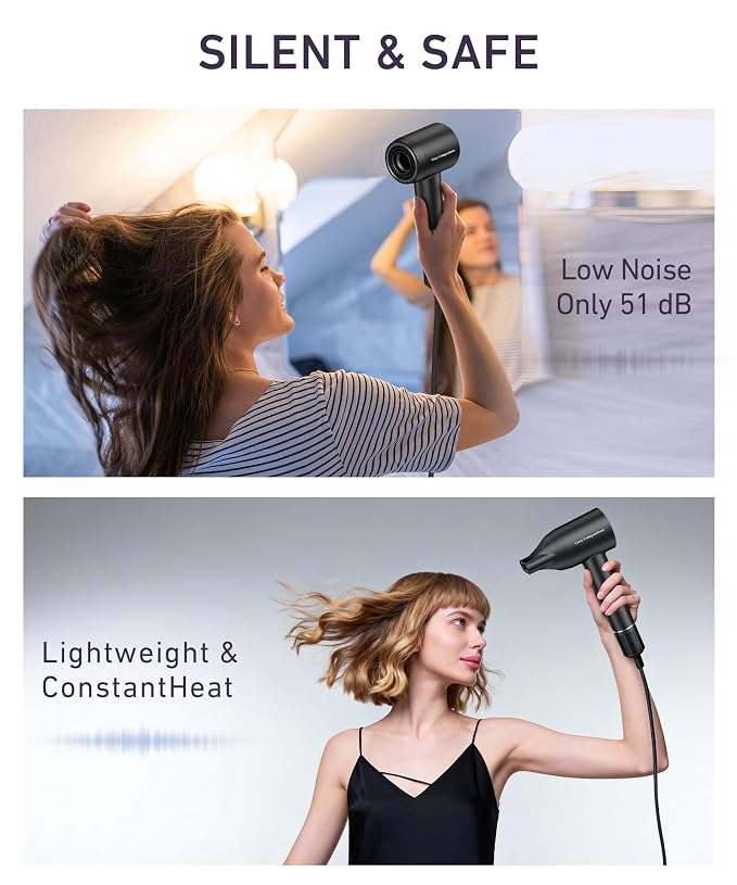 Cosy Companions High-Speed Ionic Hair Dryer, 150000 RPM Brushless Motor for 2-5 Min Fast Drying, Low Noise Blow Dryer Reduces Frizz & Heat Damage, Lightweight Hair Dryer with Diffuser & Nozzle