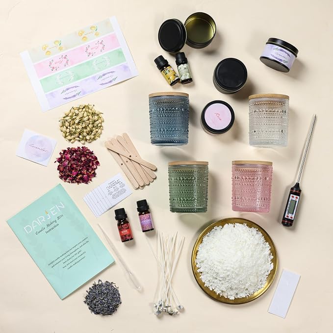 DARJEN Candle Making Kits for Adults - Candle Making Supplies with 4 Candle Jars(Clear, Pink, Blue, Green), Candle Tins, Soy Wax, Scents, Dried Flower & More, DIY Starter Candle Making Kit Home Decor
