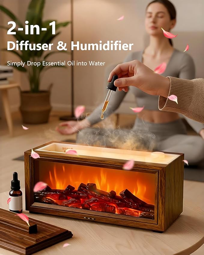Essential Oil Diffuser, 7-Color Fireplace Fire Flame Aromatherapy Humidifier, 280ml Ultrasonic Aroma Diffuser, Cozy with Time Sets and Remote Control for Bedroom Home Yoga Office
