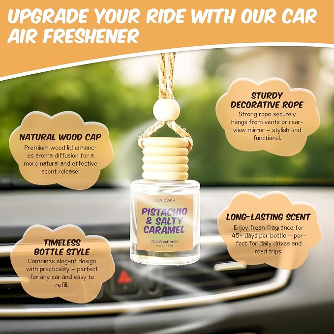 Premium Car Air Freshener Diffuser Set (2 Pack) - Pistachio & Salty Caramel Fragrance Oil, 45+ Day Long-Lasting Hanging Auto Freshener