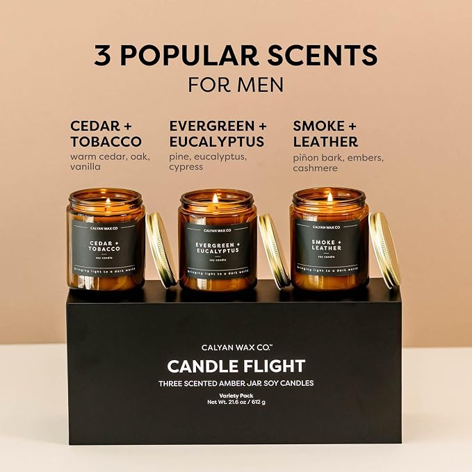 Calyan Wax Co. Masculine Scented Candle Gift Set - 3 Scented Candles - 57 Hour Burn - Luxury Clean Soy Wax Candles - Long Lasting Amber Glass Jar Candle for Home - 7.2oz