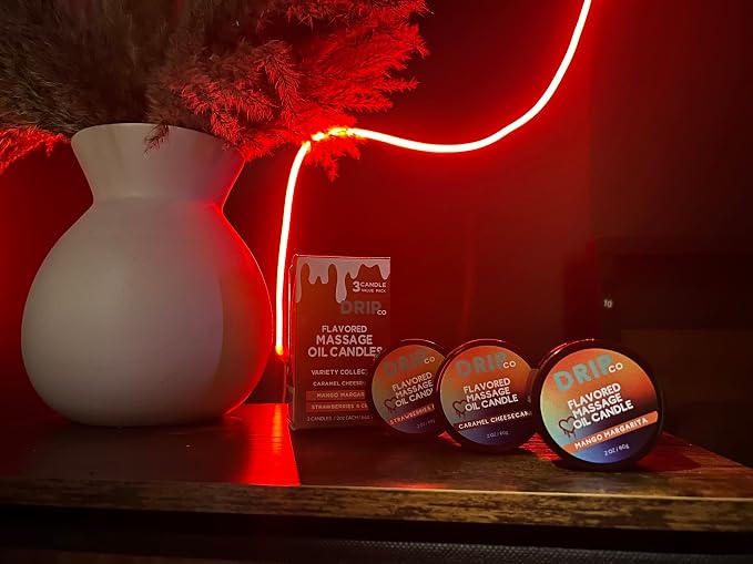 Drip Co Massage Candle - Soy Wax Aromatherapy Candle for Relax Oil Therapy, TikTok Trend, Scented Candles, Spa Essentials - 6 OZ Variety Pack (Caramel Cheesecake, Mango Marg, Strawberries & Creme)