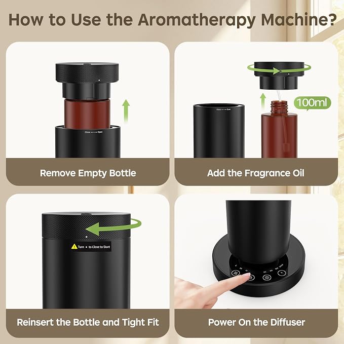 Waterless Scent Diffuser Kit with Lights -Max 2000 Sq Ft Coverage, Essential Oil Diffuser for Home,Hotels,Offices,Spas,Aromatherapy Diffuser Large Room, Included 108ml Scent Oils, Black, 10.6In