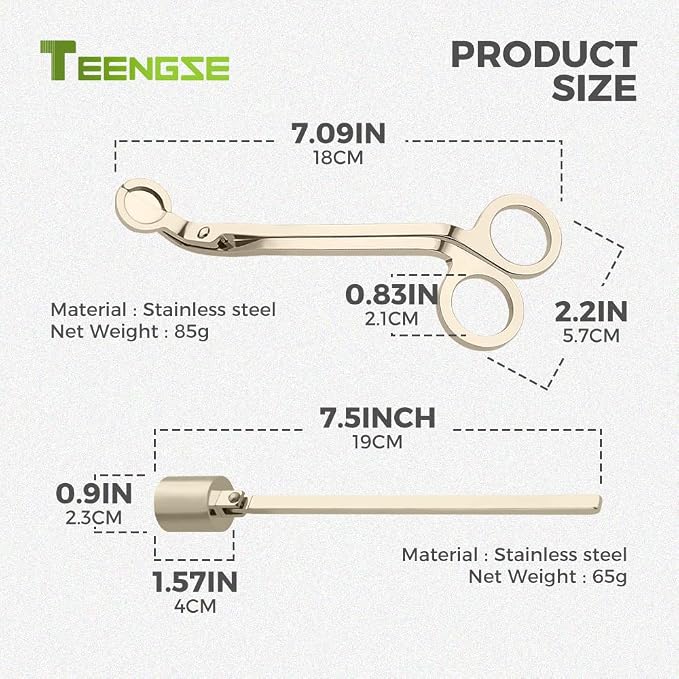 Gold Candle Snuffer and Wick Trimmer, Stainless Steel Polished Candle Accessory Set with Long Handle Candle Extinguisher for Candle Lover and Family That Likes to Use Candles
