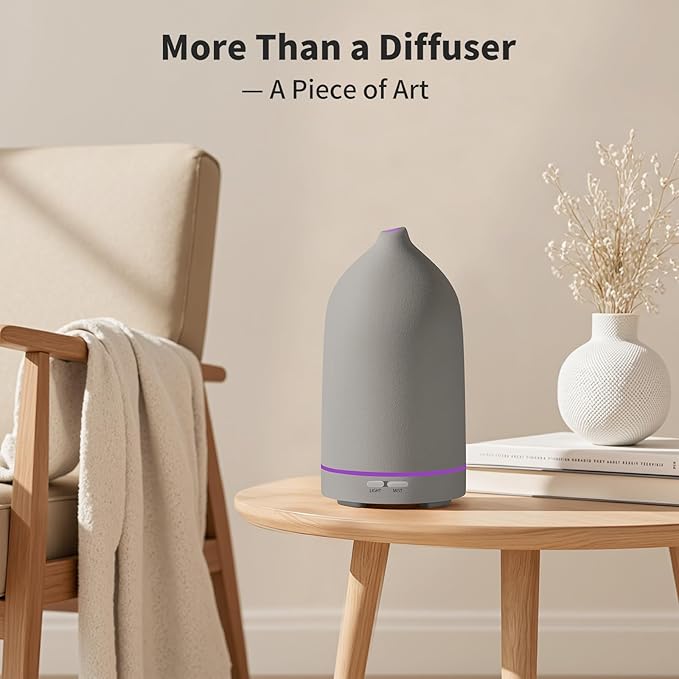 URPOWER 120ML Essential Oil Diffuser Aromatherapy Diffuser Oil Machine with Elegant Gray Ceramic Design Ultrasonic Cool Mist Humidifier with 7 LED Lights, Auto-Off for Home Decor & Relaxation Office