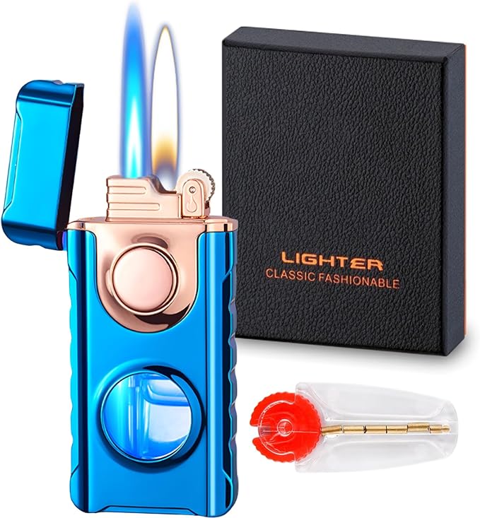 Torch Lighter, Creative Dual Flame Lighter with 6pcs Flint Stone, Windproof Lighter with Visible Fuel Tank, Adjustable Soft Flame and Jet Flame 2 in1,Refillable Butane Lighter for Gifts Men-Ice Blue