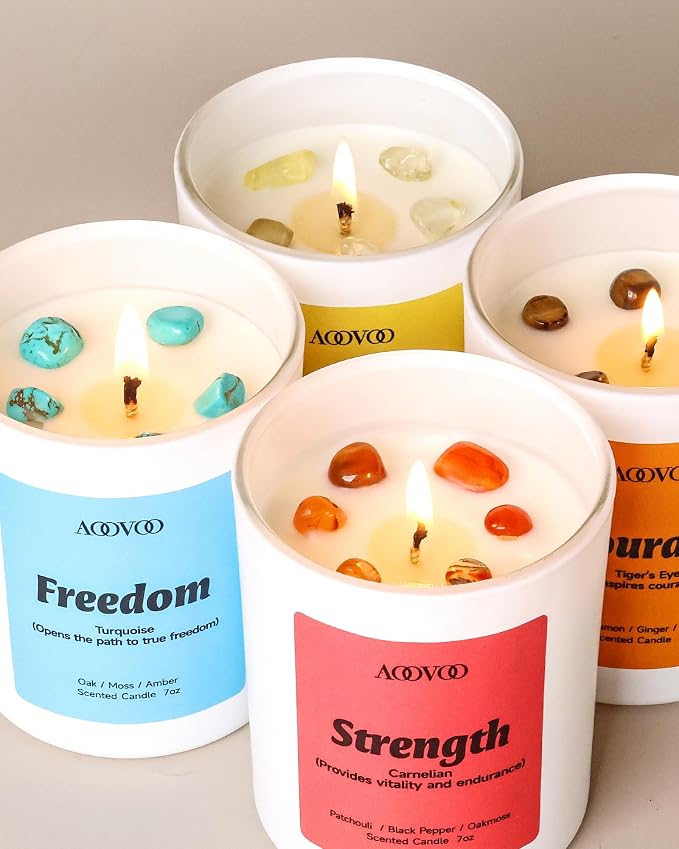AOOVOO Empower Candles Set for Women - 4 Pack Candles for Home Scented, 28 oz 200 Hour Burn, Aromatherapy Candle with Crystals, Freedom Turquoise/Confidence Citrine/Strength Carnelian/Courage