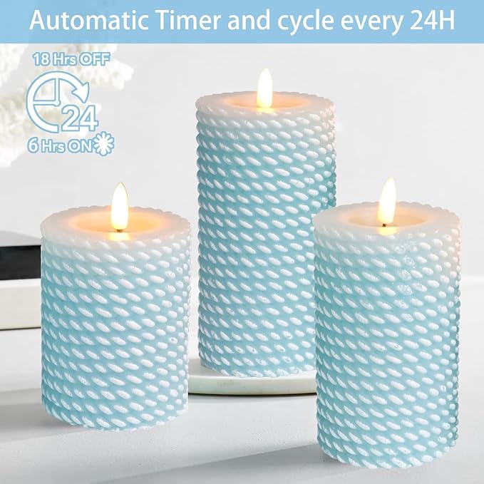 Blue Flameless Candles, Rope Texture 3D Wick, Flickering Pillar Candles with Remote & Timer, 3 Pack