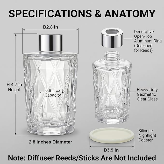 Glass Reed Diffuser Bottle Diamond Jar for Home Aromatherapy, Nightlight Glow Coaster & Cap, Luxury Bathroom Decor, Pairs with Soap Dispenser, 6.8oz Clear（Reeds Not Included）