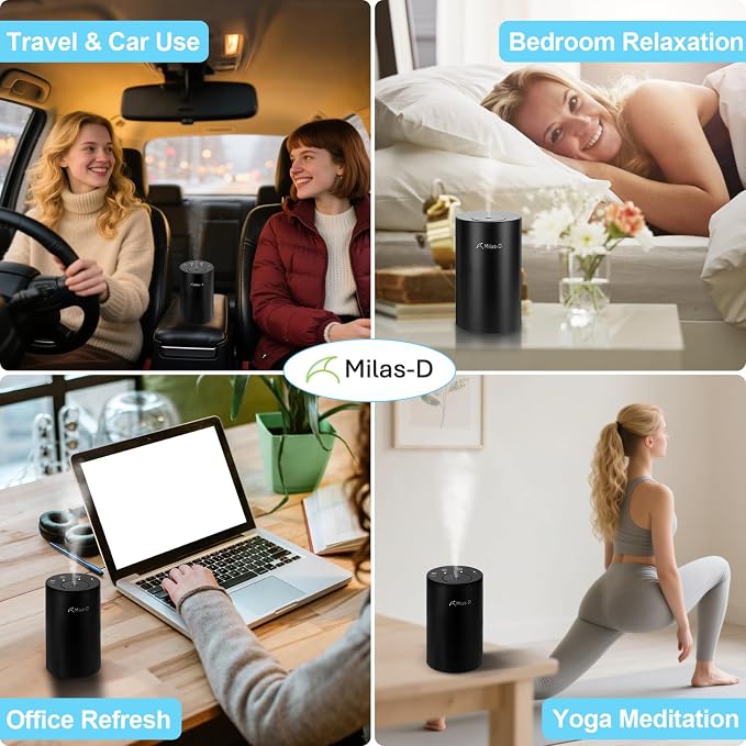 Waterless Essential Oil Diffuser, Battery Operated Nebulizer with 3-Timers & 3 Mist Levels, 0.7 fl.oz./20ml, Mini Scent Air Machine, Home Car Office Studio, Portable & Rechargeable, Milas-D, Black