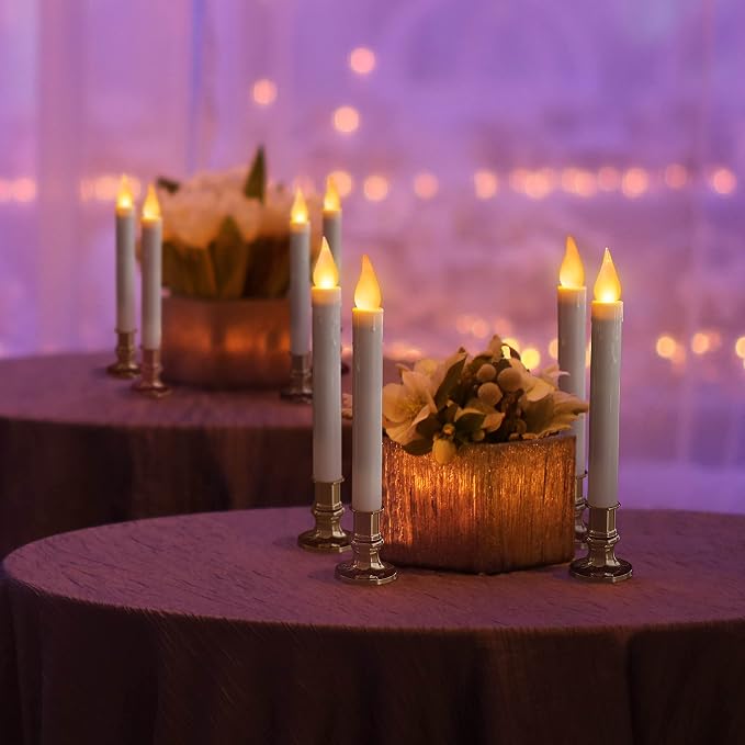 FURORA LIGHTING White Taper Candles with Gold Holders, Pack of 6-9.9" Flameless LED, 5/19 Auto Timer, Batteries Included - Wedding, Dinner & Home Decor