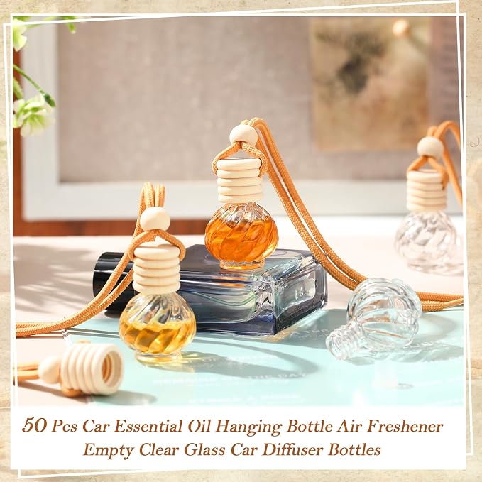 Rtteri 50 Pcs Car Air Fresheners Diffuser for Essential Oil Empty Hanging Bottle Glass Bottles Refillable Perfume Pendant Aromatherapy Fragrance Ornament Decor(Classic Style)