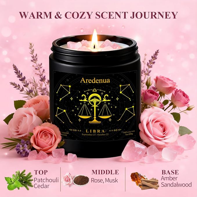 Libra Birthday Gifts Candle for Women | Zodiac Scented Candle with Rose Quartz Crystals - Warm & Cozy Scented Natural Soy Candle 7oz 50-Hour Burn, Healing Aromatherapy Candle for Relaxation Meditation