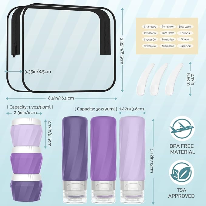 6Pcs Travel Bottles for Toiletries, TSA Approved Travel Size Toiletries Containers Set, BPA-FREE Silicone Leak Proof Refillable Bottles and Jars, Women & Men Airplane Cruise Essentials Kit (PURPLE)