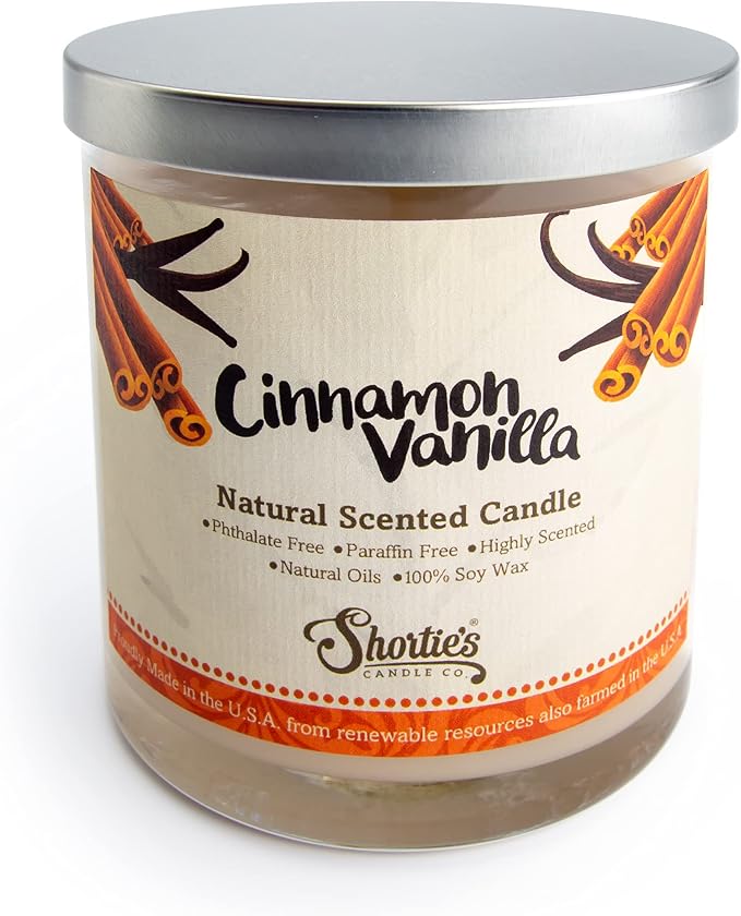 Cinnamon Vanilla Scented Natural Soy Candle, 9 Oz., Essential Fragrance Oils, 100% Soy, Phthalate & Paraben Free, Clean Burning