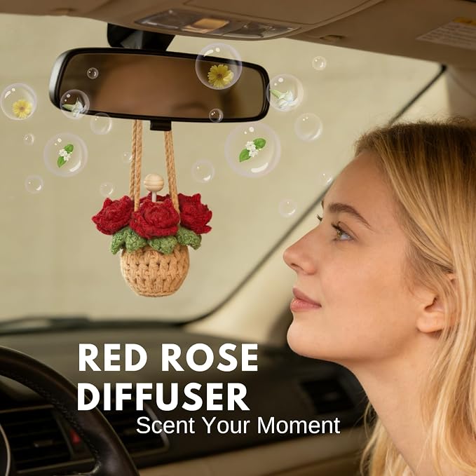 ROFIGL Handmade Crochet Hanging Car Air Freshener - Romantic Red Rose Design, 12ml Refillable Thick Glass Bottle, Car Diffuser for Rearview Mirror, Home & Office Romantic Decor