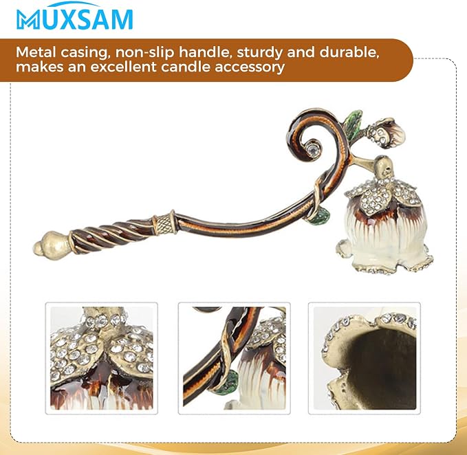 MUXSAM Vintage Candle Snuffer, Candle Extinguisher with Long Handle, Metal Wick Flame Snuffer for Putting Out Candle Flame Safely, Floral Candle Snuffers Accessory for Candle Lovers, Brown