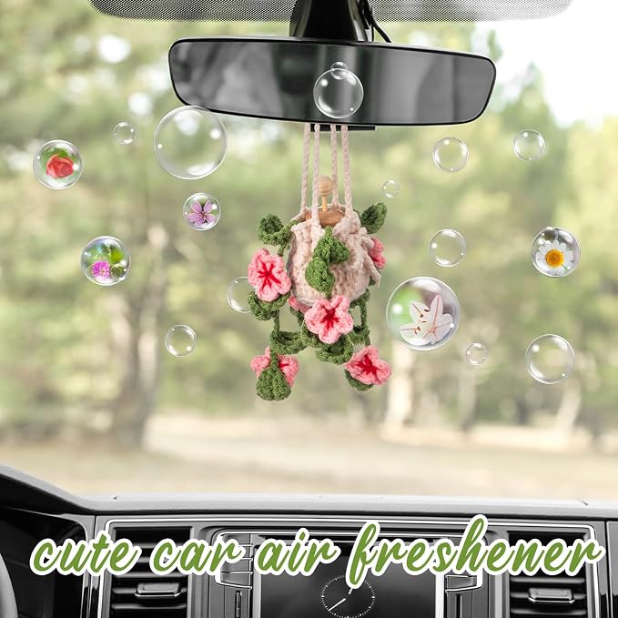 DaisyInner Cute Crochet Plant Car Freshener 12ml Empty Refillable Diffuser Bottle with Plants Hanging Accessories for Ornaments Charms Rearview Mirror Home Office Decor Women Gifts(Cherry Blossoms)