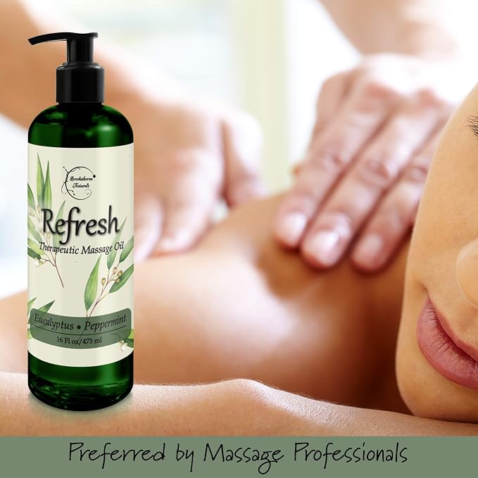 Refresh Massage Oil for Massage Therapy with Eucalyptus & Peppermint Essential Oils - All Natural, Great for Sore Muscles. Ideal for Full Body Relaxation – Nut Free Formula 16oz (Pack of 2)