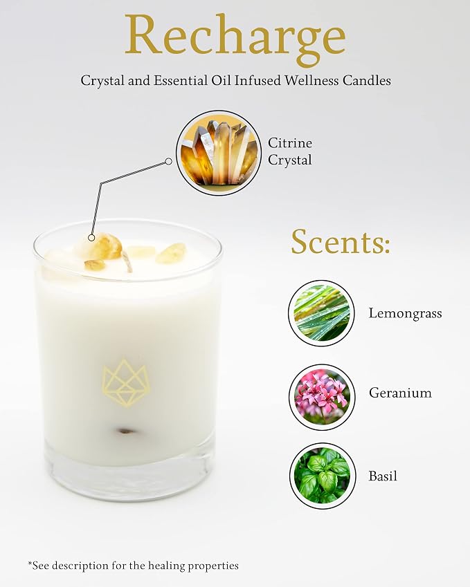 Luxury Glass Jar Candle, 14.5 OZ, Recharge - Citrine Crystal Infused - Scents of Lemongrass, Geranium, and Basil - Happiness, Manifestation, & Abundance - Coconut Wax, Essential Oils