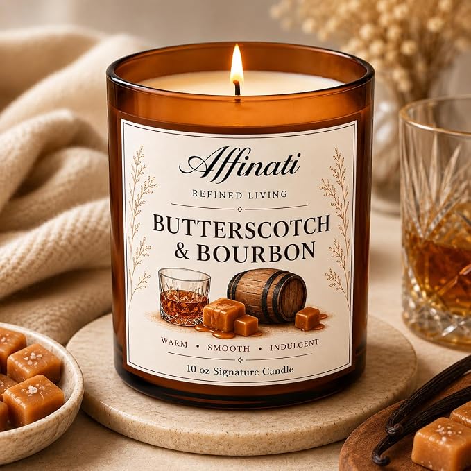 Affinati Butterscotch & Bourbon Signature Candle - 10 oz Luxury Soy Blend Wax Candle, Long-Lasting Home Fragrance